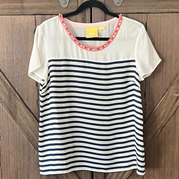 Anthropologie Maeve Striped Jeweled Neck Short Sleeve Blouse Cream/Blue Size M - Picture 2 of 6